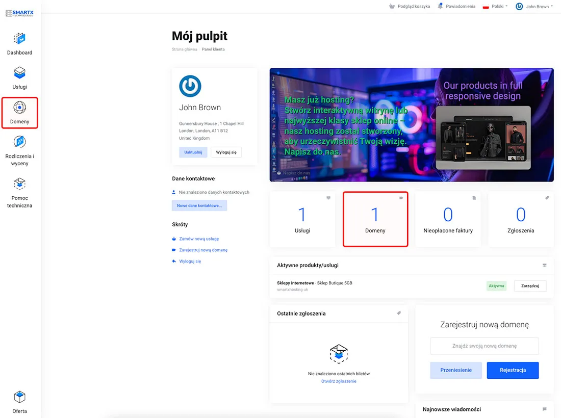 Zakładka Domeny na ekranie głównym panelu klienta