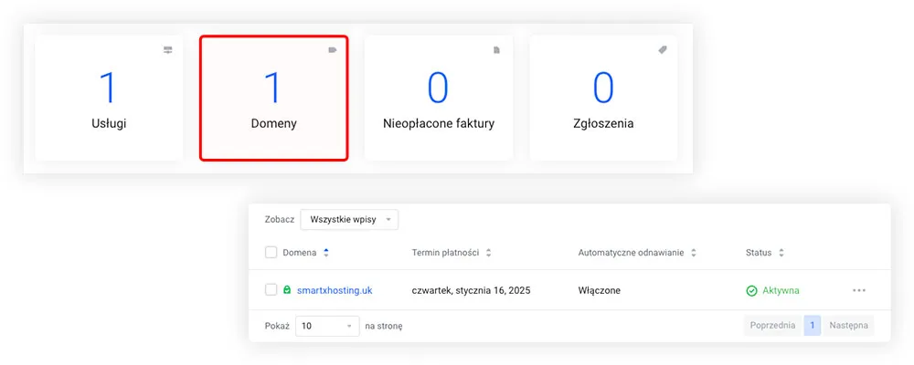Lista domen z kolumnami: domena, termin płatności, automatyczne odnawianie