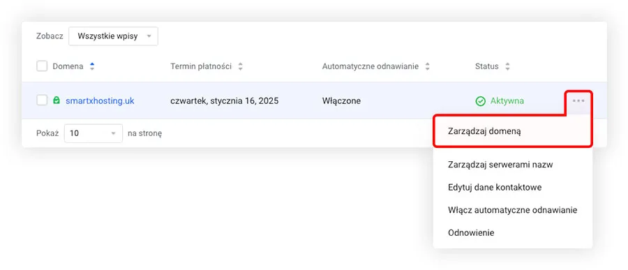Menu kontekstowe z opcją Zarządzaj domeną