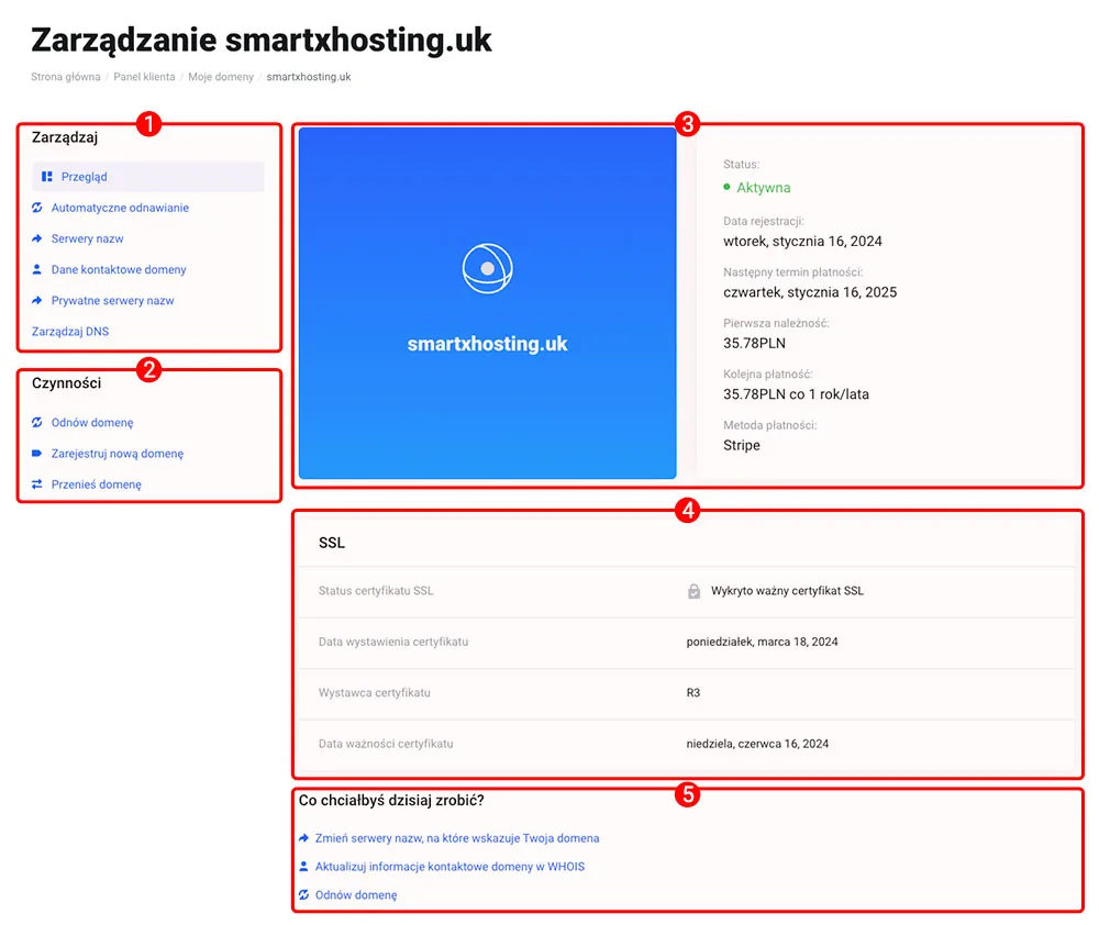 Główna strona zarządzania domeną z sekcjami Zarządzaj, Czynności, Informacje