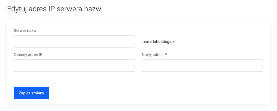 Formularz edycji adresu IP prywatnego serwera nazw