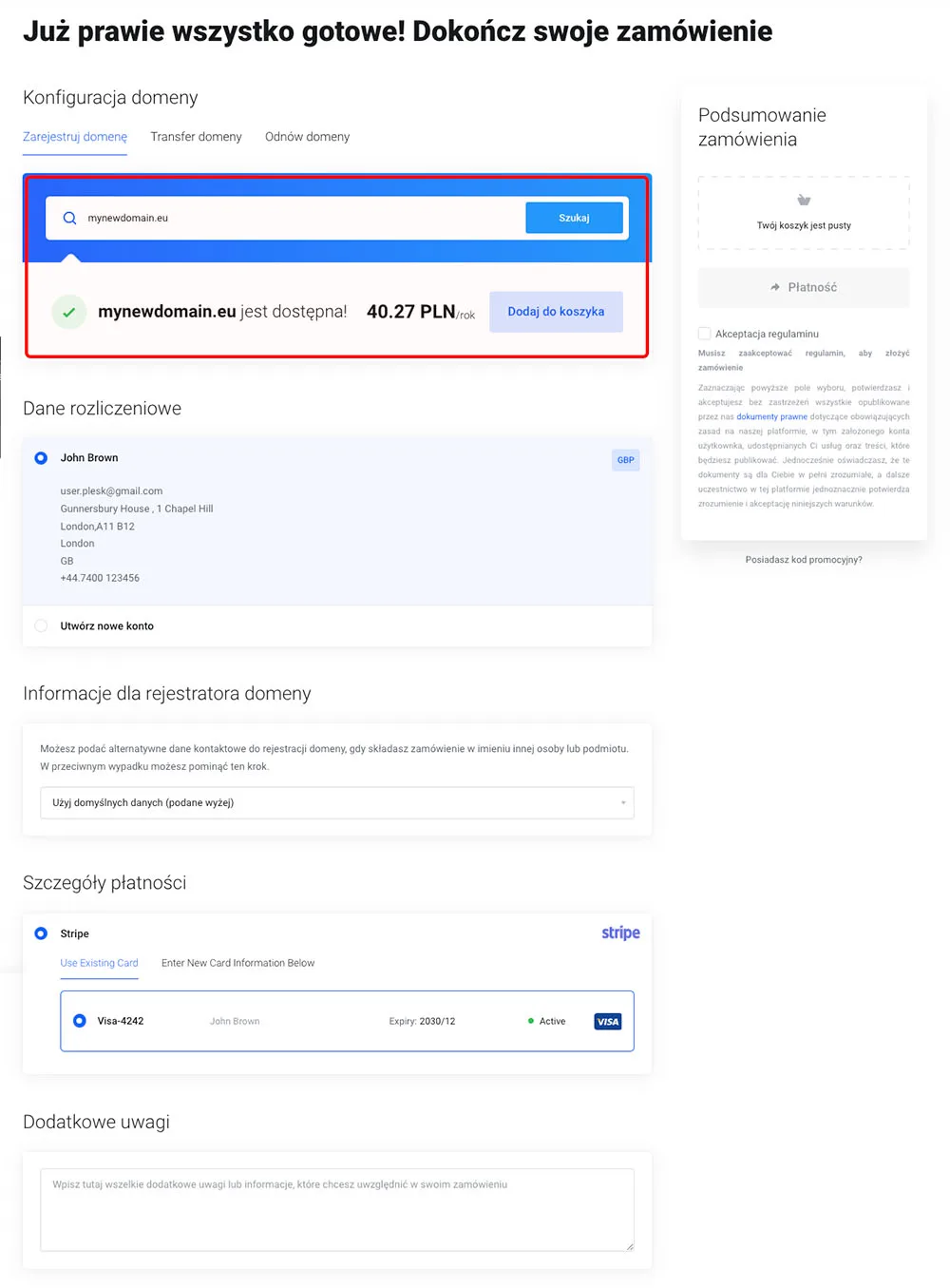 Formularz rejestracji nowej domeny