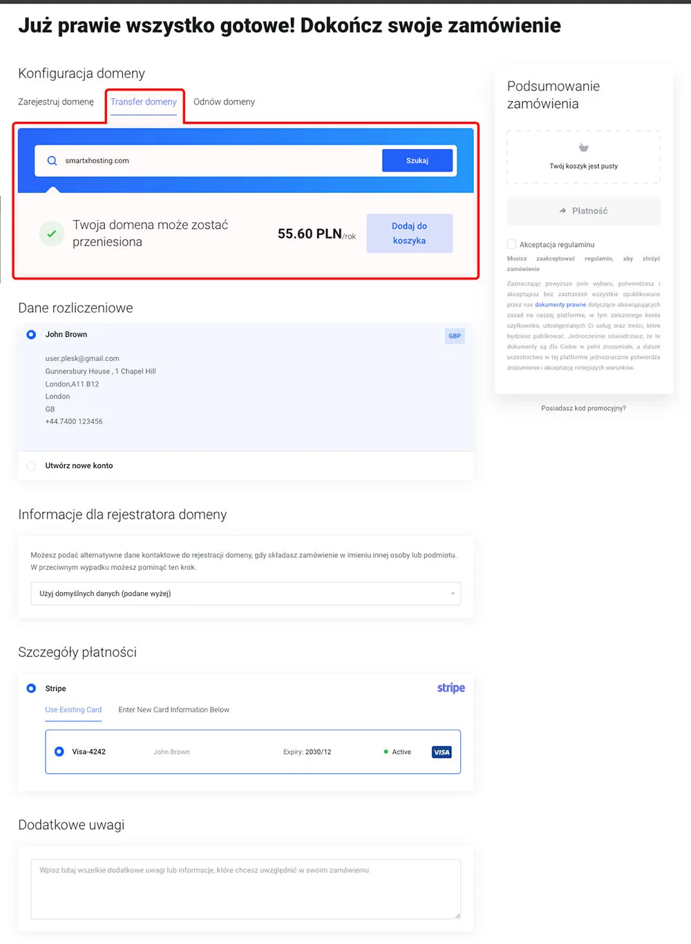 Formularz transferu domeny z polem na kod AuthInfo