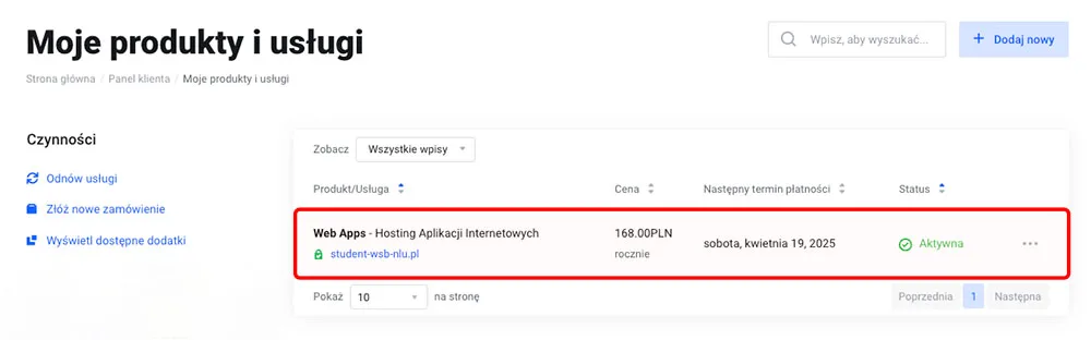 Zarządzanie usługą Web App Hosting w zakładce Usługi
