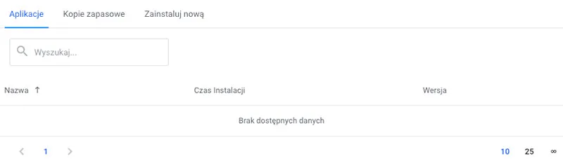 Pusta lista aplikacji przy pierwszej wizycie w Menedżerze Aplikacji