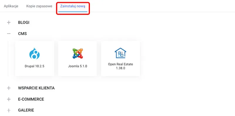 Zakładka Zainstaluj nową z listą dostępnych aplikacji