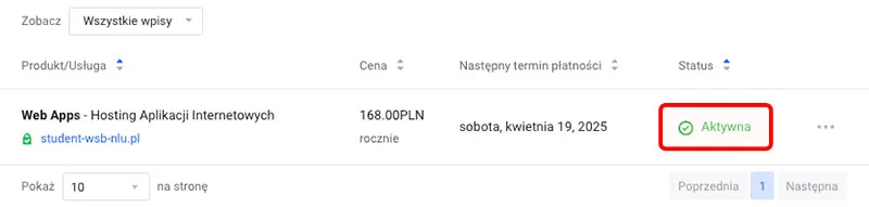 Status aktywnej usługi Web App Hosting w panelu klienta
