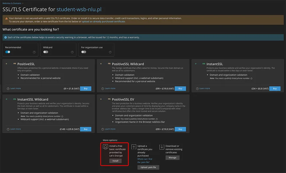 Wybór bezpłatnego certyfikatu Let's Encrypt