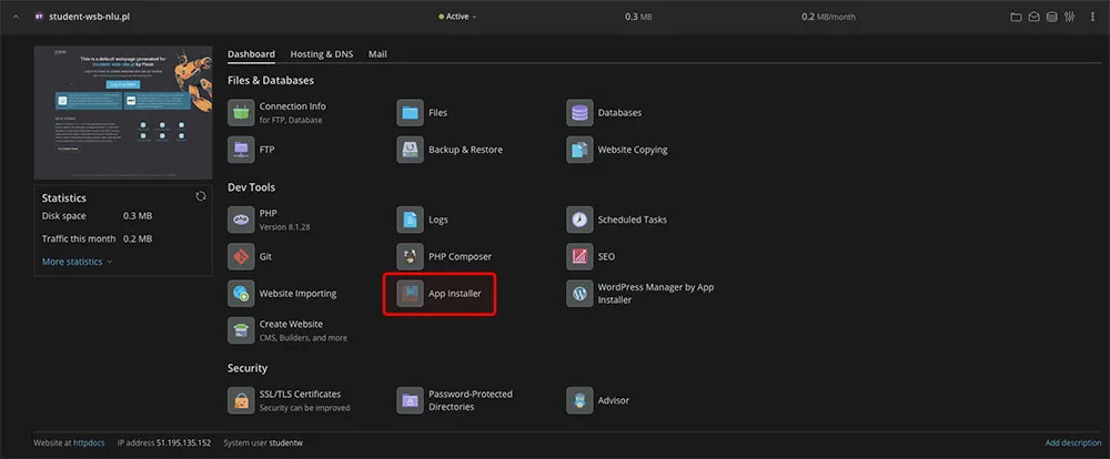 Link App Installer w panelu Plesk