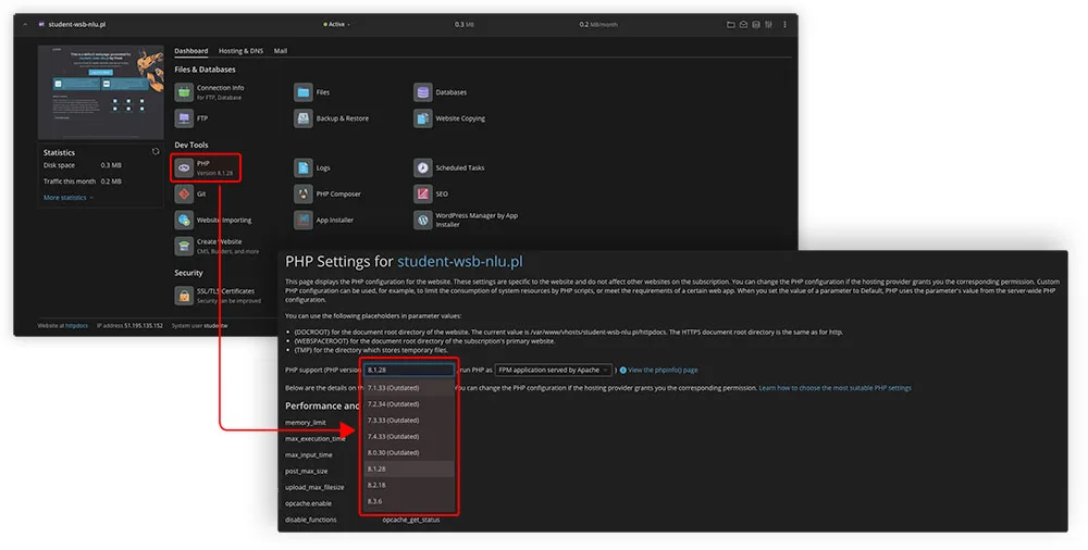 Wybór wersji PHP w panelu sterowania serwera