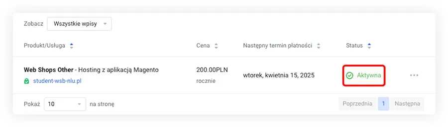 Status aktywnej usługi Magento w panelu klienta