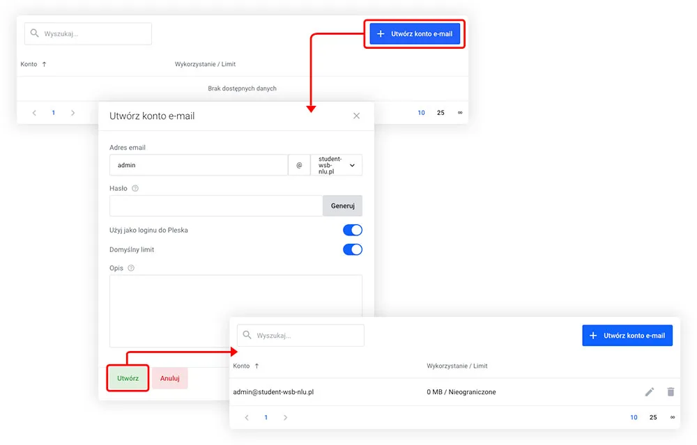 Tworzenie konta e-mail dla usługi Magento