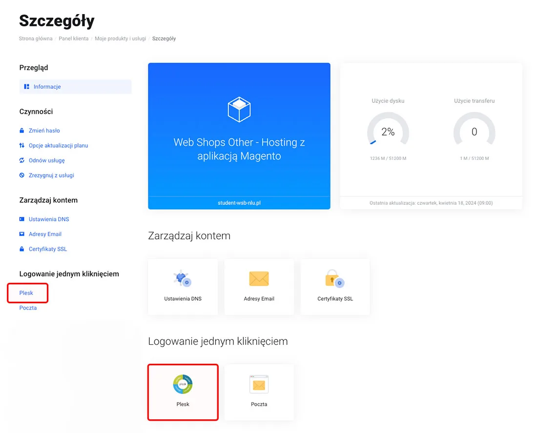 Kafelek Plesk w sekcji Logowanie jednym kliknięciem