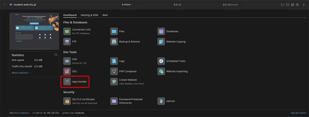 Link App Installer w panelu Plesk