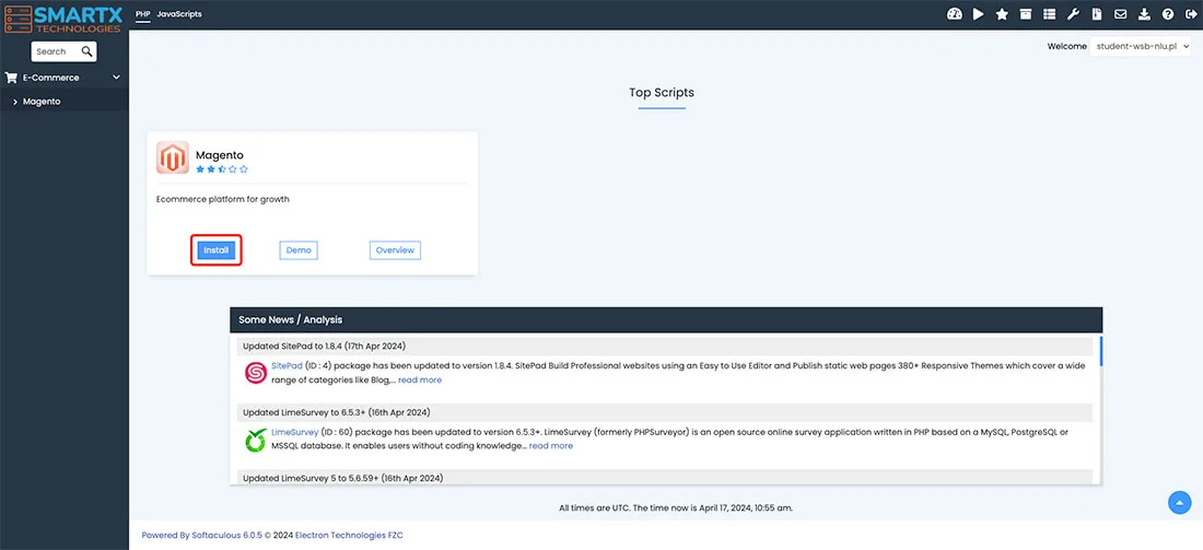 Przycisk Install przy aplikacji Magento