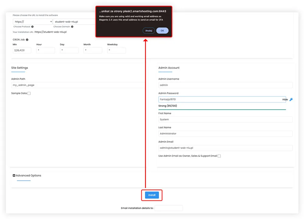 Potwierdzenie rozpoczęcia instalacji Magento