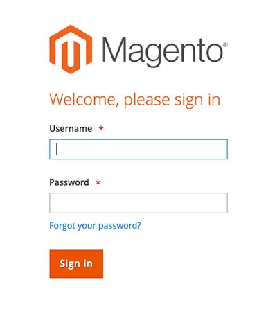 Strona logowania do panelu administracyjnego Magento