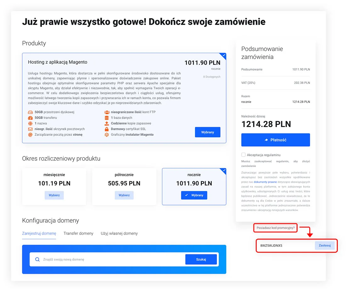 Pole kodu promocyjnego w koszyku zakupowym z przyciskiem Zastosuj