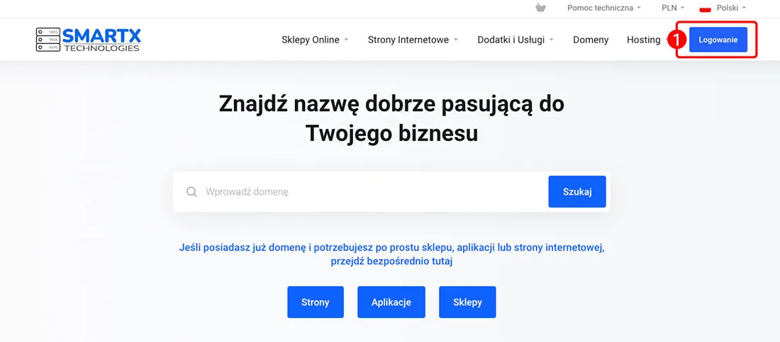 Przycisk Logowanie na stronie głównej smartxhosting.pl w prawym górnym rogu menu nawigacyjnego