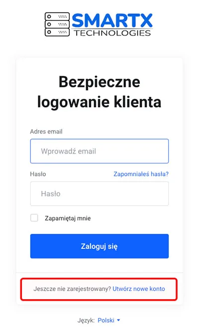 Ekran logowania z podświetlonym linkiem Utwórz nowe konto