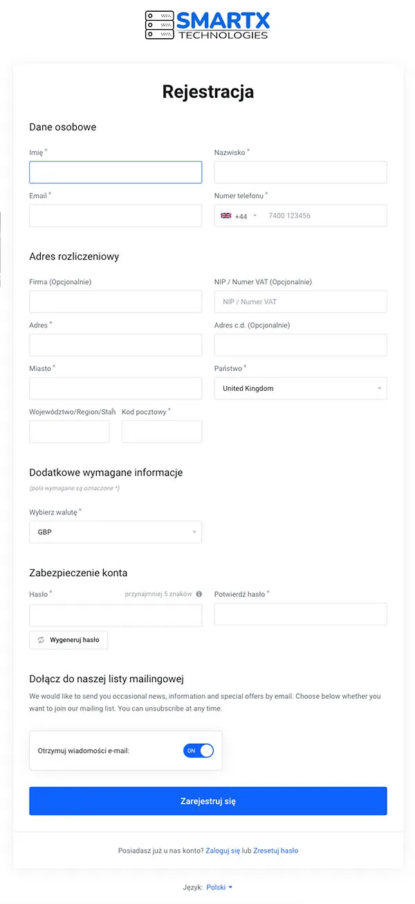 Formularz rejestracji nowego konta z polami na dane osobowe, adres e-mail i hasło