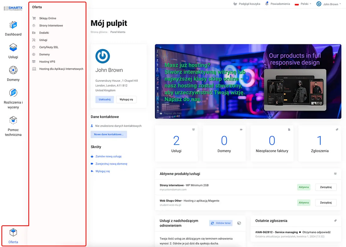 Menu zakładki Oferta w panelu klienta
