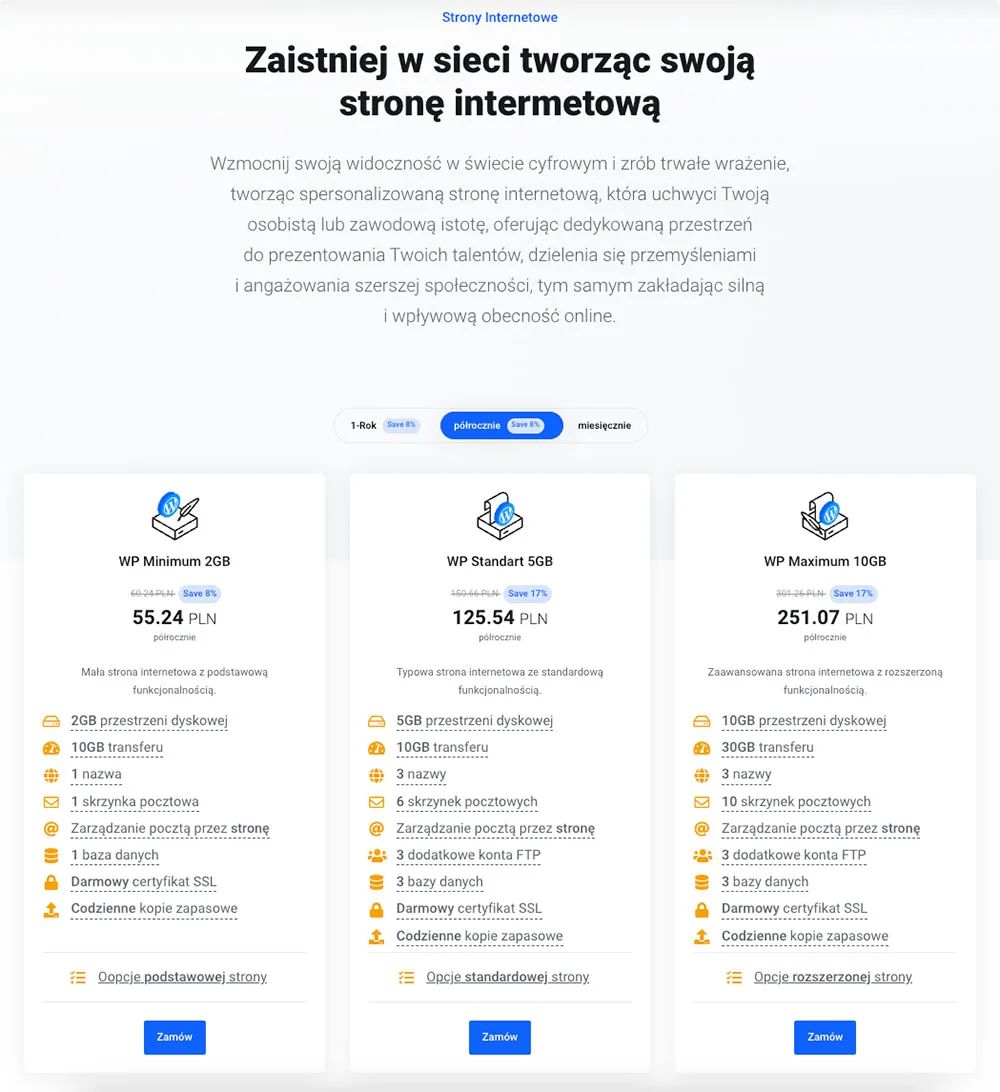 Oferta stron internetowych z porównaniem pakietów