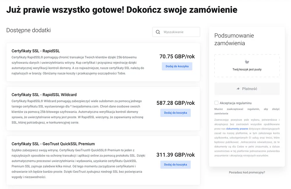 Oferta dodatków, w tym certyfikatów SSL premium