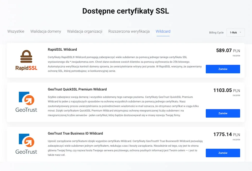 Oferta certyfikatów SSL premium