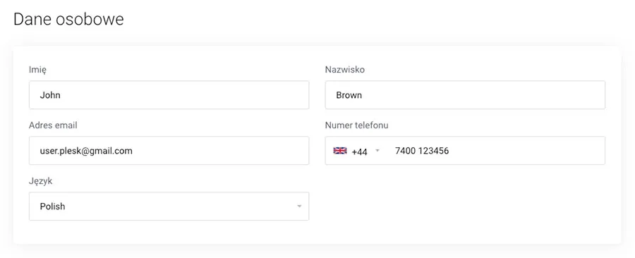 Formularz danych osobowych właściciela konta