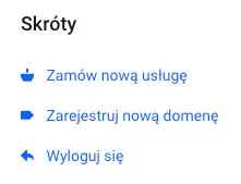 Sekcja skrótów z linkami do zamówień i domen