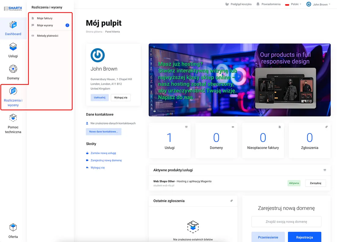 Menu nawigacyjne z zakładką Rozliczenia
