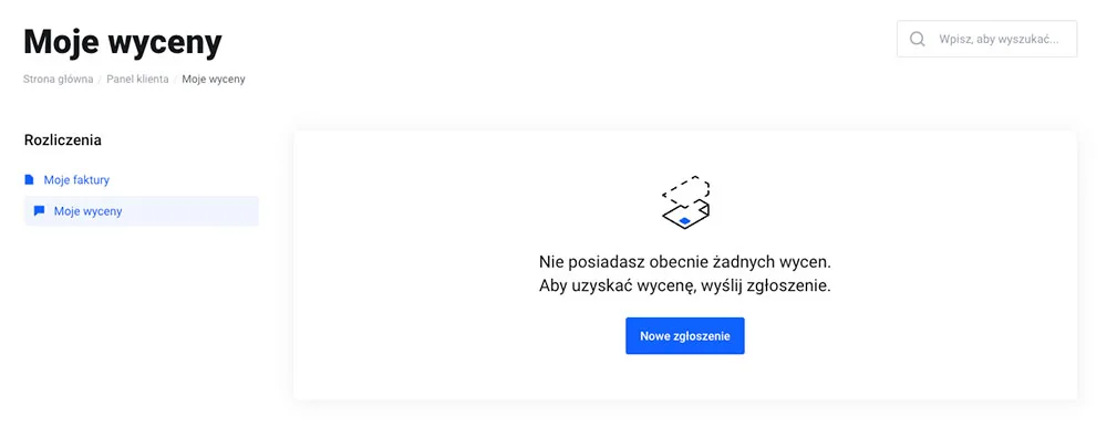 Pusta lista wycen z przyciskiem Nowe zgłoszenie