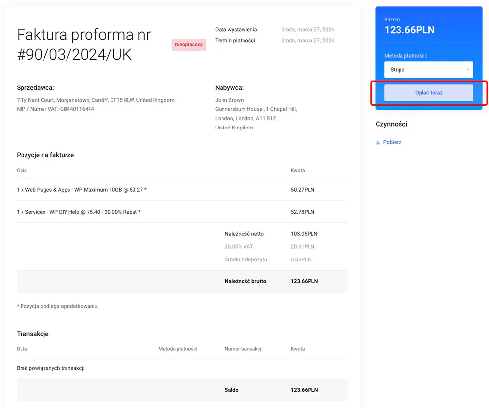 Wybór metody płatności dla faktury