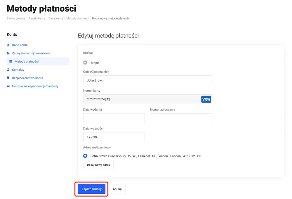 Formularz szczegółów metody płatności