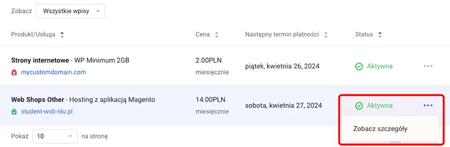 Wybór usługi z listy w zakładce Usługi panelu klienta