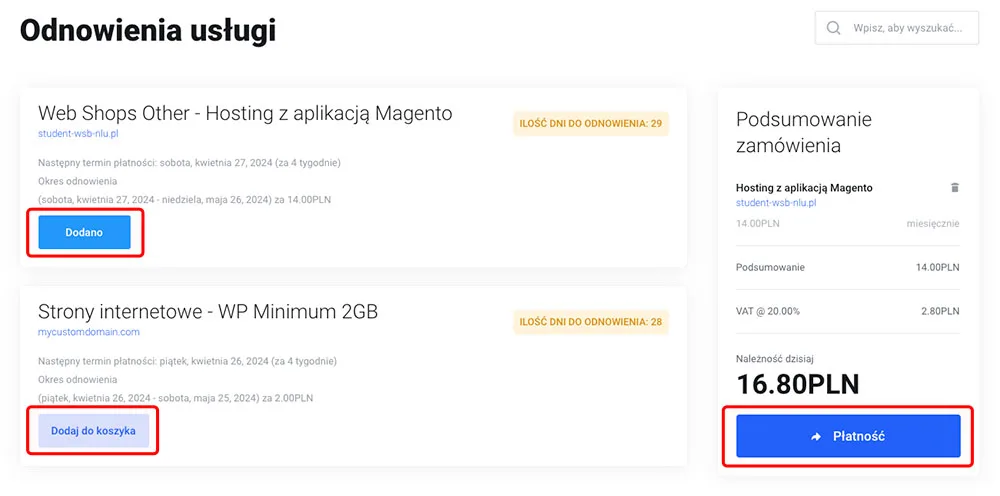 Strona odnowienia usługi z przyciskiem Dodaj do koszyka