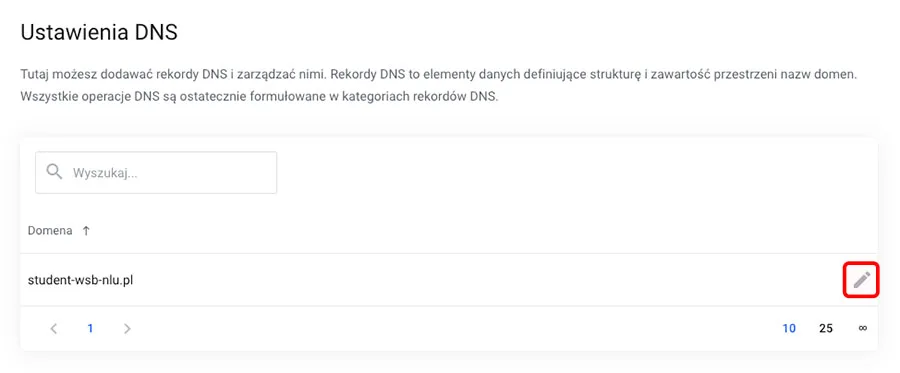Ikona edycji rekordów DNS przy wybranej domenie