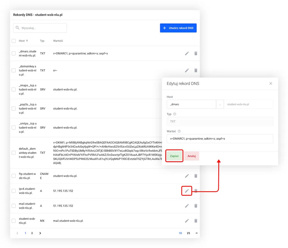 Lista rekordów DNS domeny z opcjami edycji