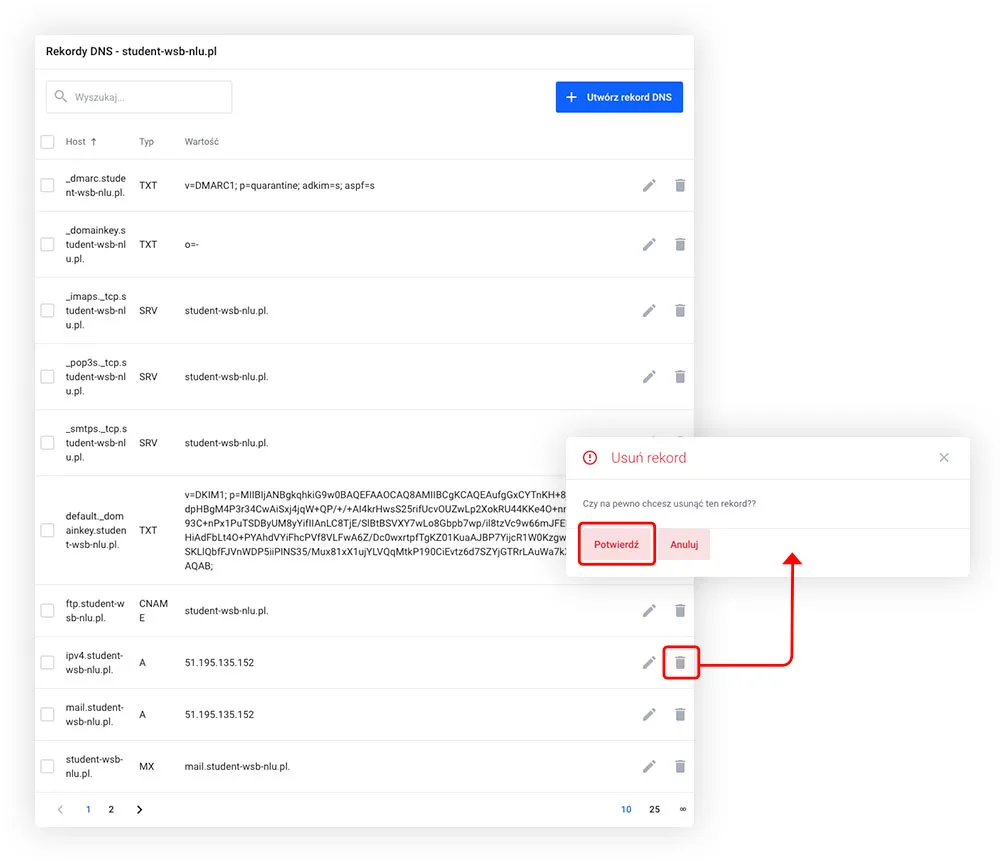 Potwierdzenie usunięcia rekordu DNS