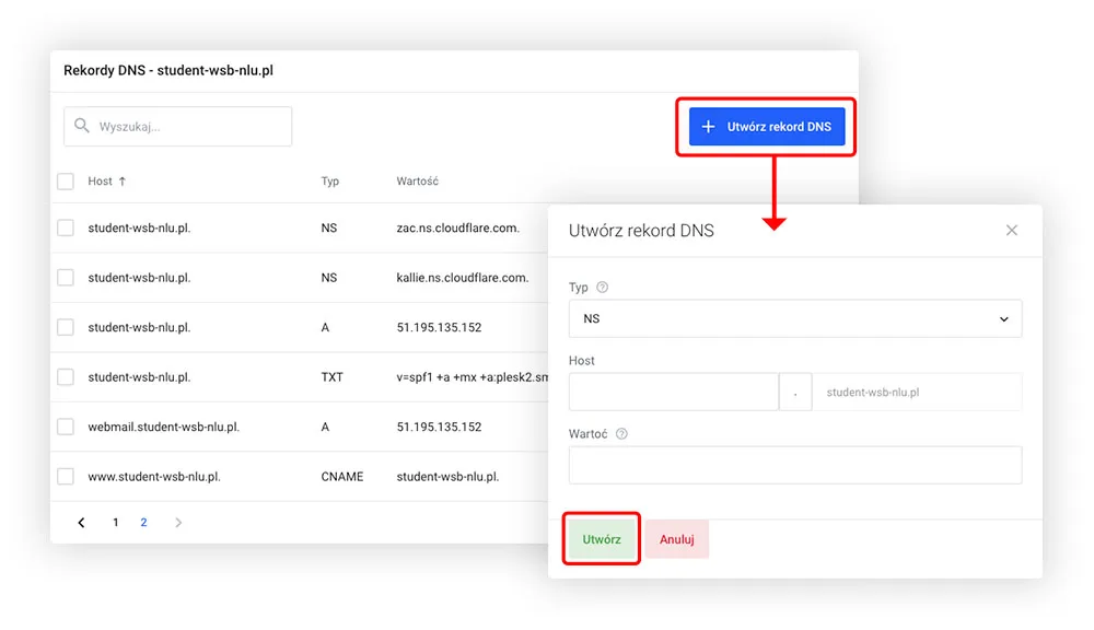 Formularz tworzenia nowego rekordu DNS