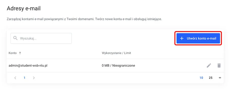 Przycisk Utwórz konto e-mail na liście adresów