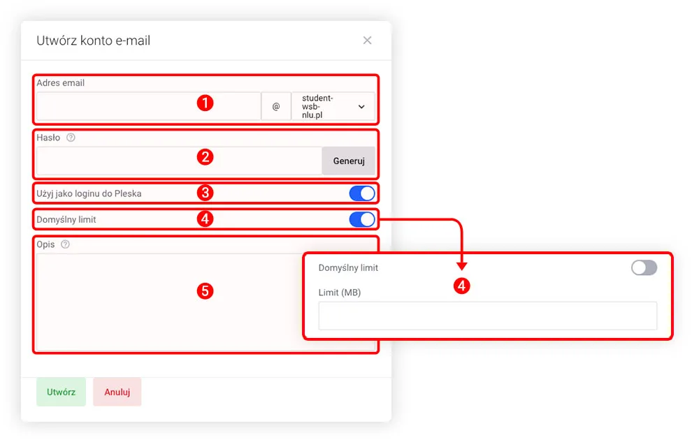 Formularz tworzenia konta e-mail z polami adres, hasło, limit