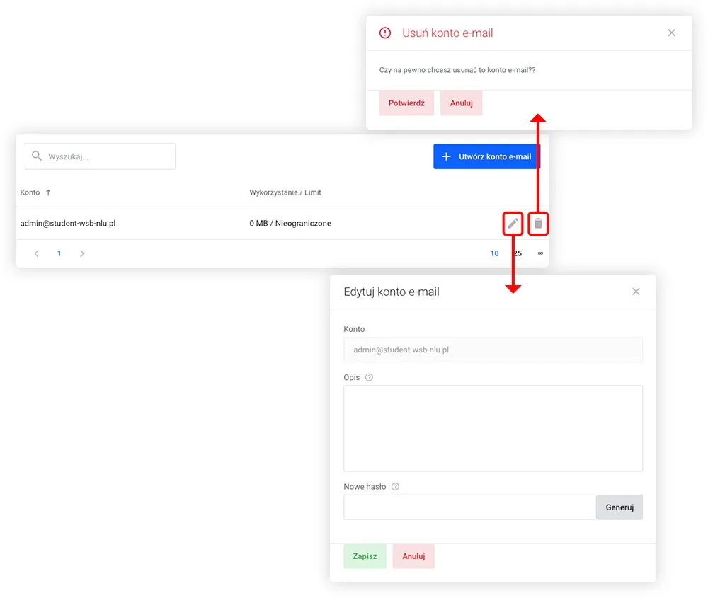 Lista kont e-mail z ikonami edycji i usuwania