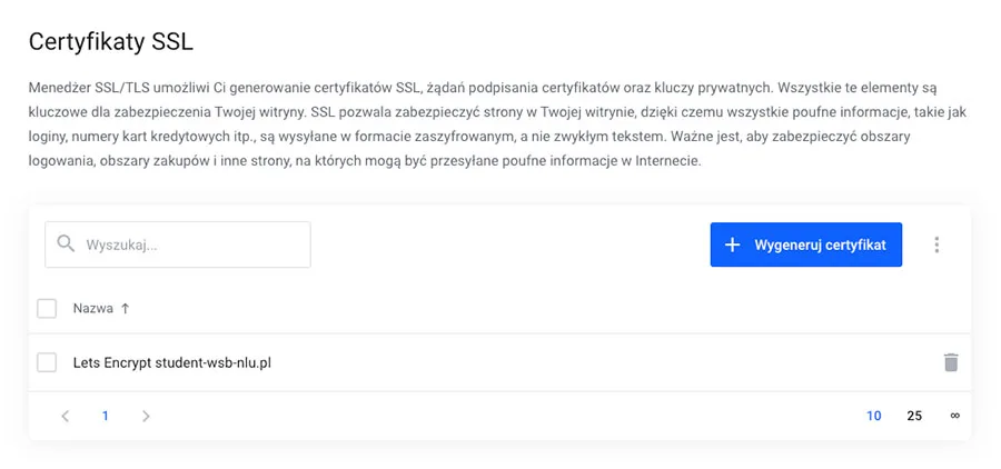 Lista certyfikatów SSL wydanych dla domen