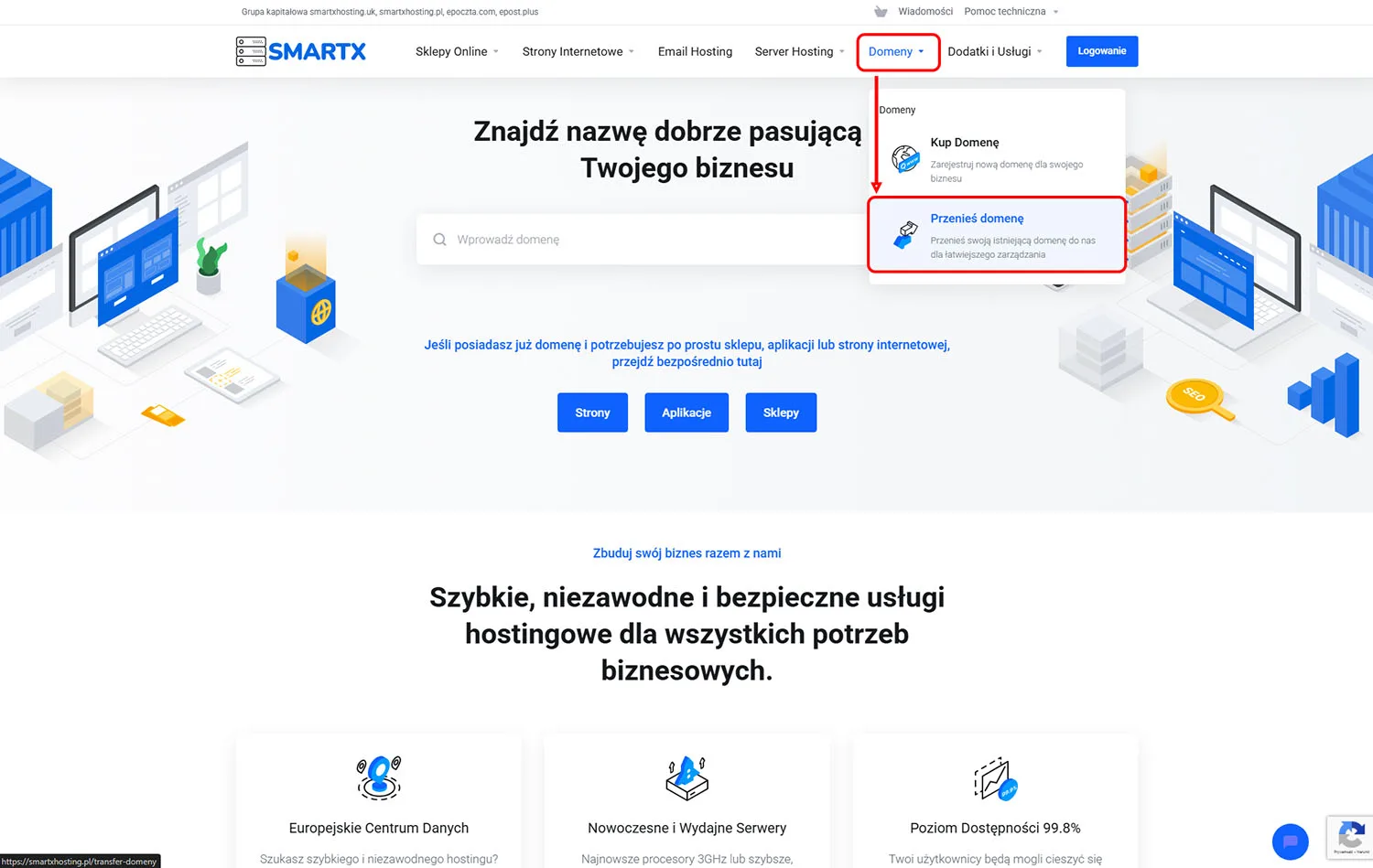 Menu nawigacyjne z opcją Domeny i Przenieś domenę