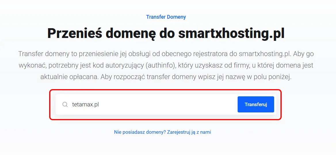 Wyszukiwarka transferu domeny z polem na nazwę domeny