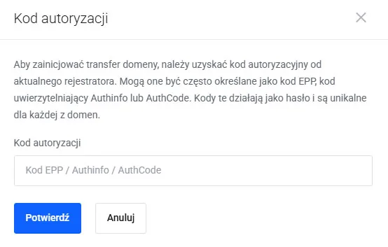 Pole na kod autoryzacyjny EPP na ekranie zamówienia transferu