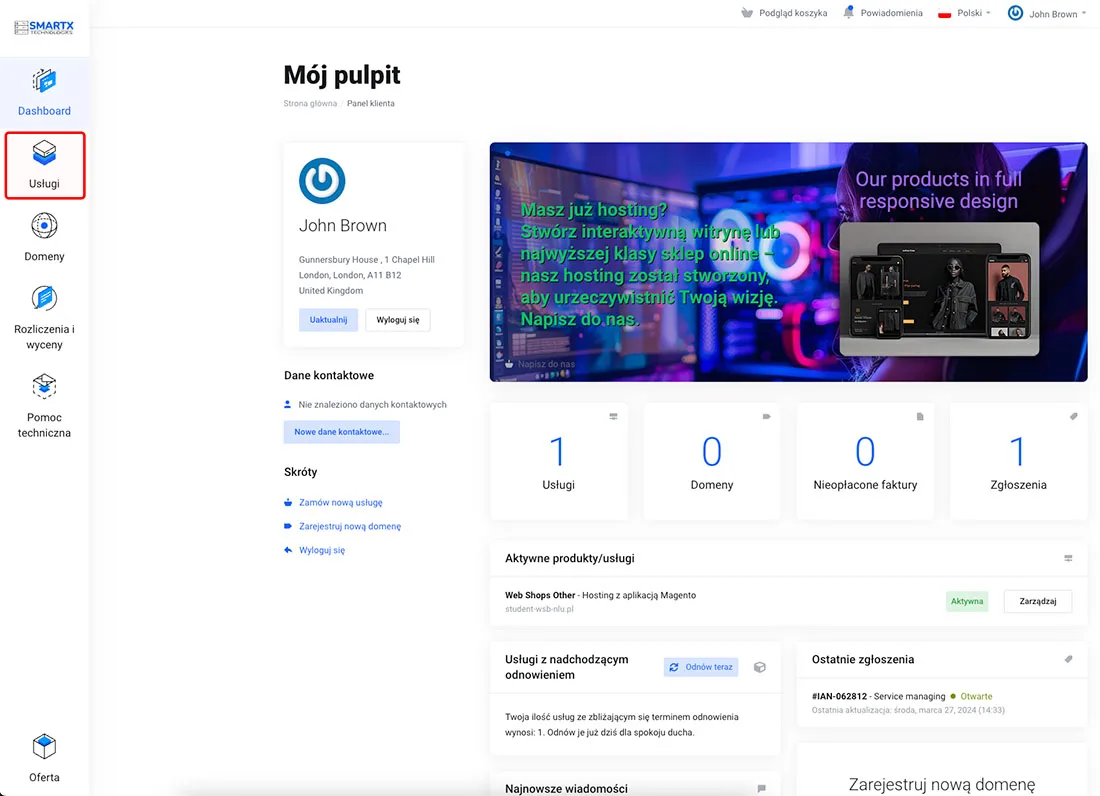 Menu nawigacyjne z ikoną Usługi w panelu klienta