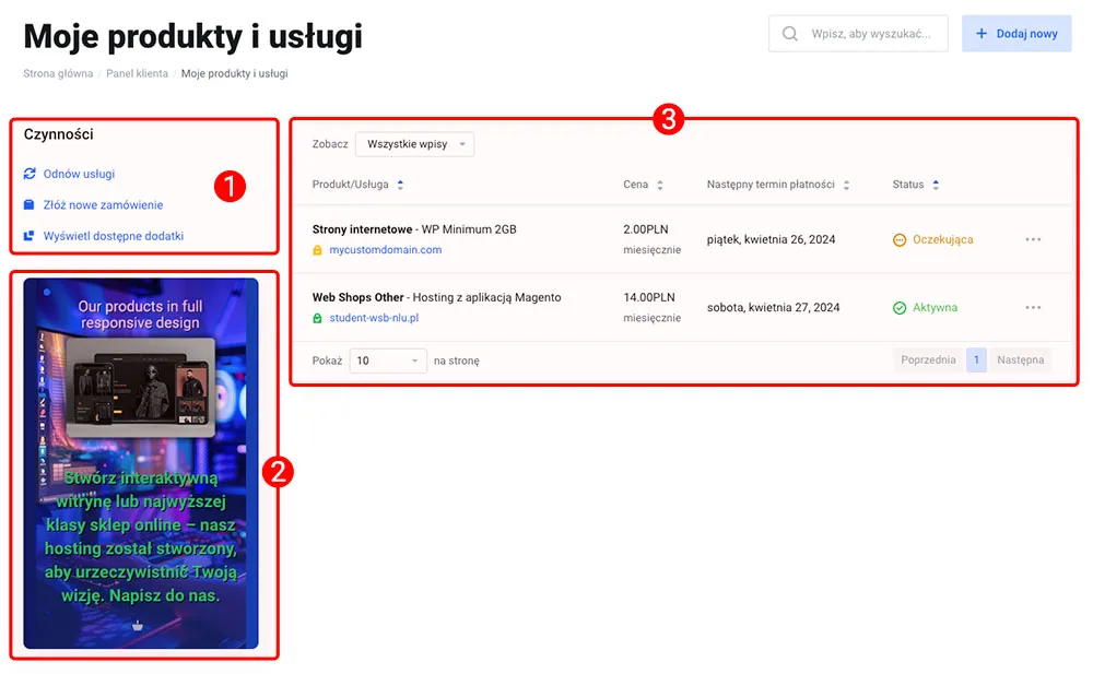 Strona główna zakładki Usługi z trzema wyróżnionymi sekcjami